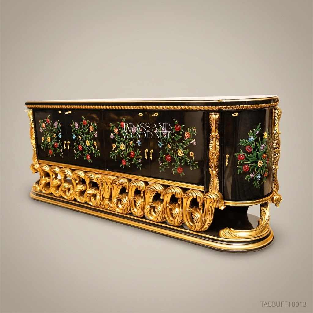 Brass & Wood Baroque Hand-Painted Floral Black Lacquer Dining Buffet