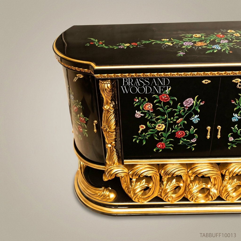 Brass & Wood Baroque Hand-Painted Floral Black Lacquer Dining Buffet — 200cm