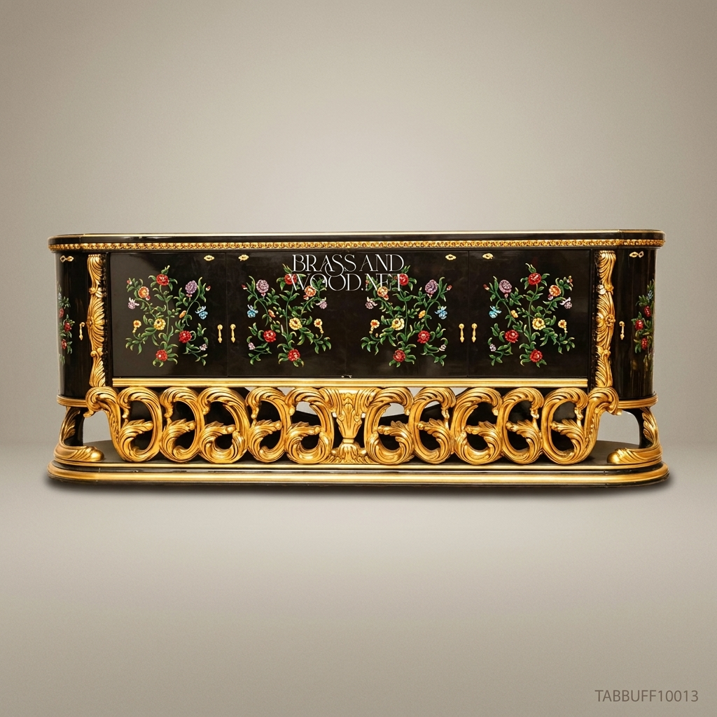 Brass & Wood Baroque Hand-Painted Floral Black Lacquer Dining Buffet — 200cm