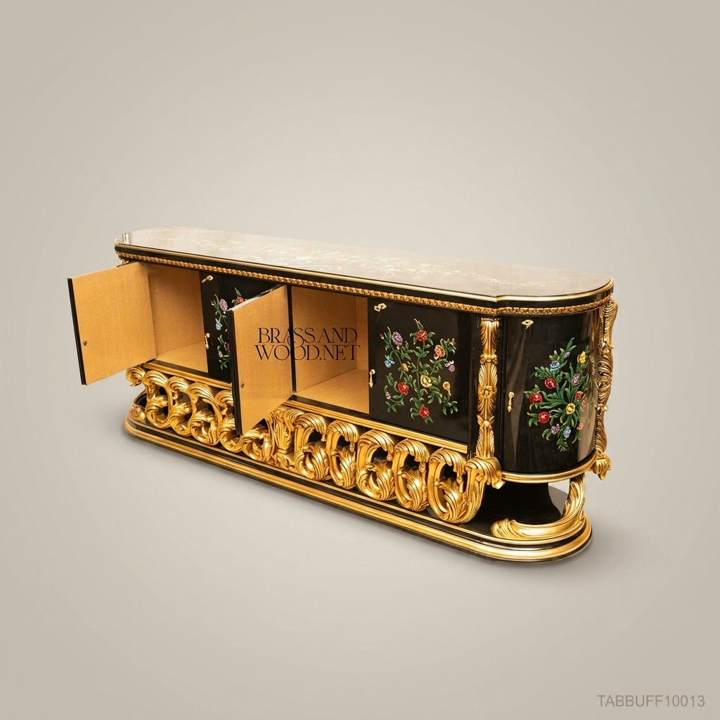 Brass & Wood Baroque Hand-Painted Floral Black Lacquer Dining Buffet — 300cm