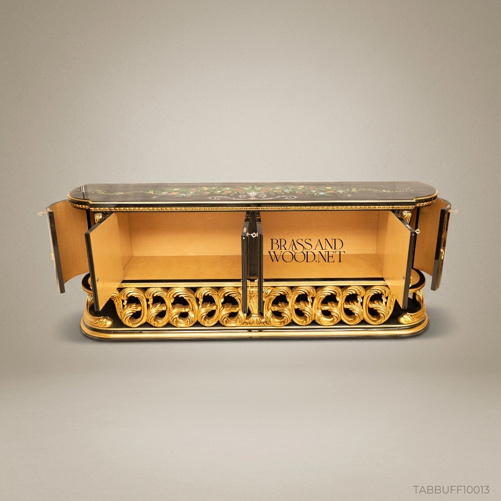 Brass & Wood Baroque Hand-Painted Floral Black Lacquer Dining Buffet — 300cm