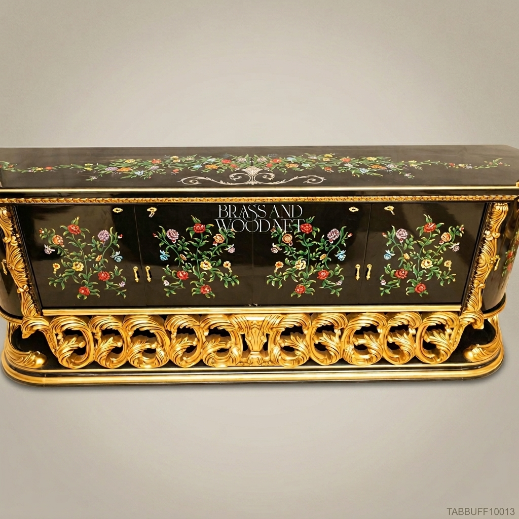 Brass & Wood Baroque Hand-Painted Floral Black Lacquer Dining Buffet — 300cm