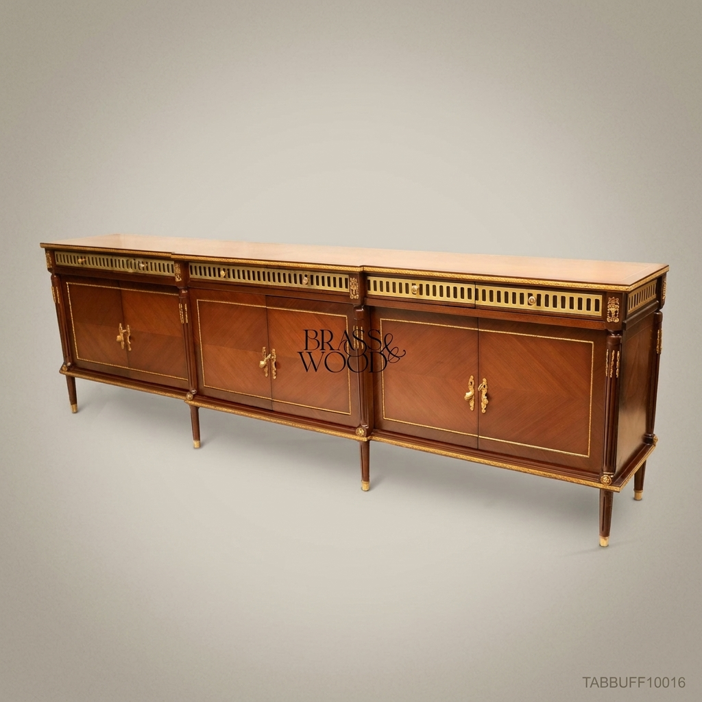 Brass & Wood Louis XVI Marquetry Buffet with Brass Gallery & Ormolu Mounts