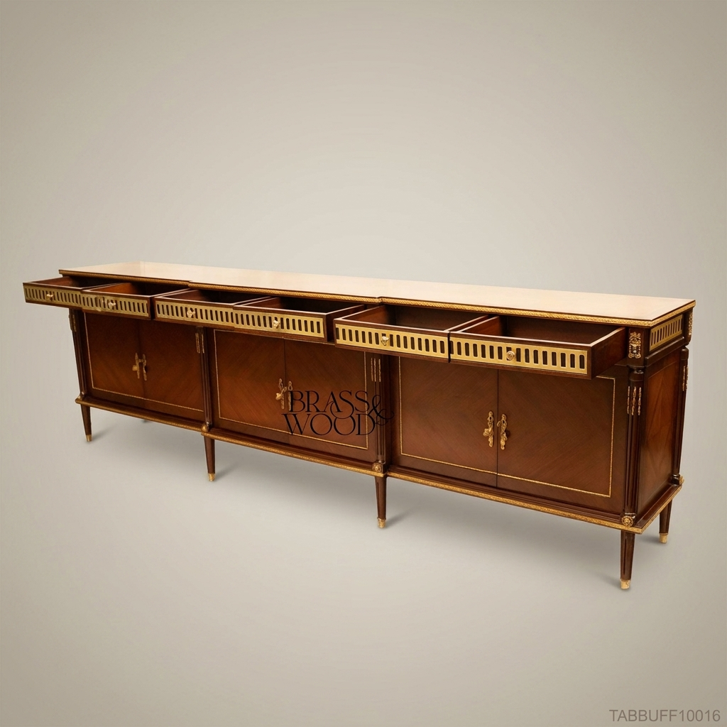 Brass & Wood Louis XVI Marquetry Buffet with Brass Gallery & Ormolu Mounts