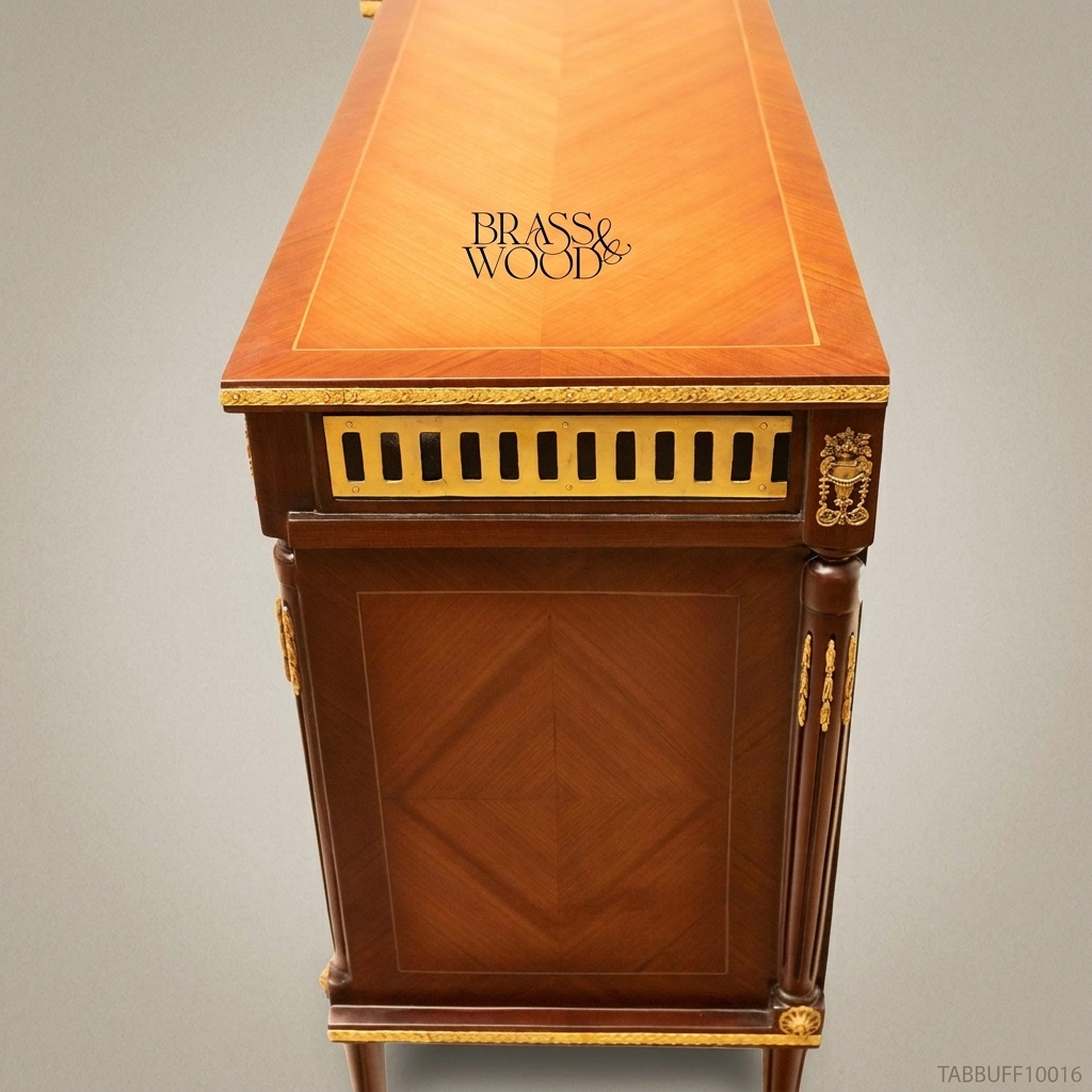 Brass & Wood Louis XVI Marquetry Buffet with Brass Gallery & Ormolu Mounts — 250cm