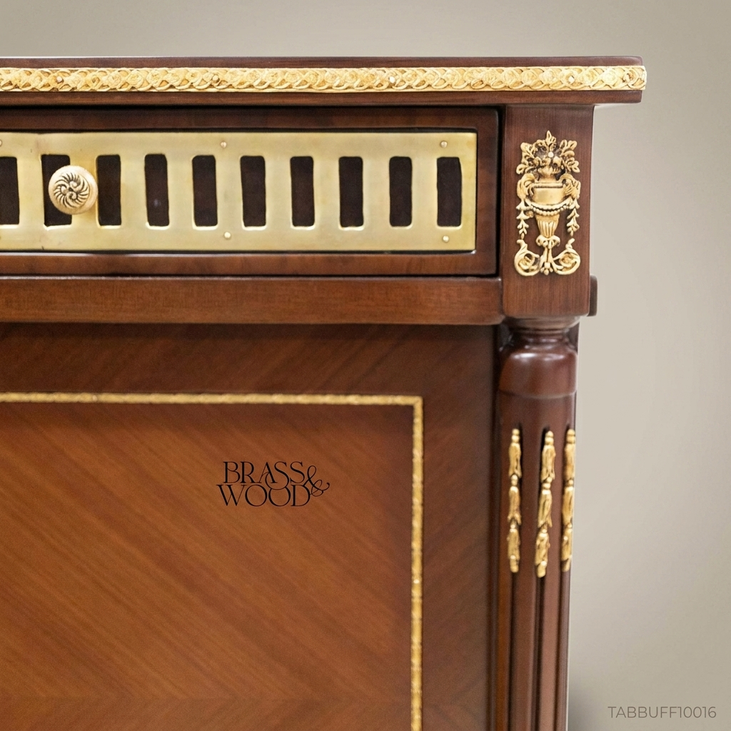 Brass & Wood Louis XVI Marquetry Buffet with Brass Gallery & Ormolu Mounts — 250cm