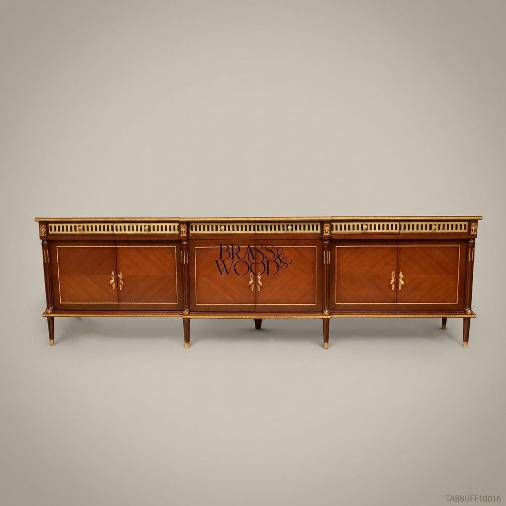 Brass & Wood Louis XVI Marquetry Buffet with Brass Gallery & Ormolu Mounts — 400cm
