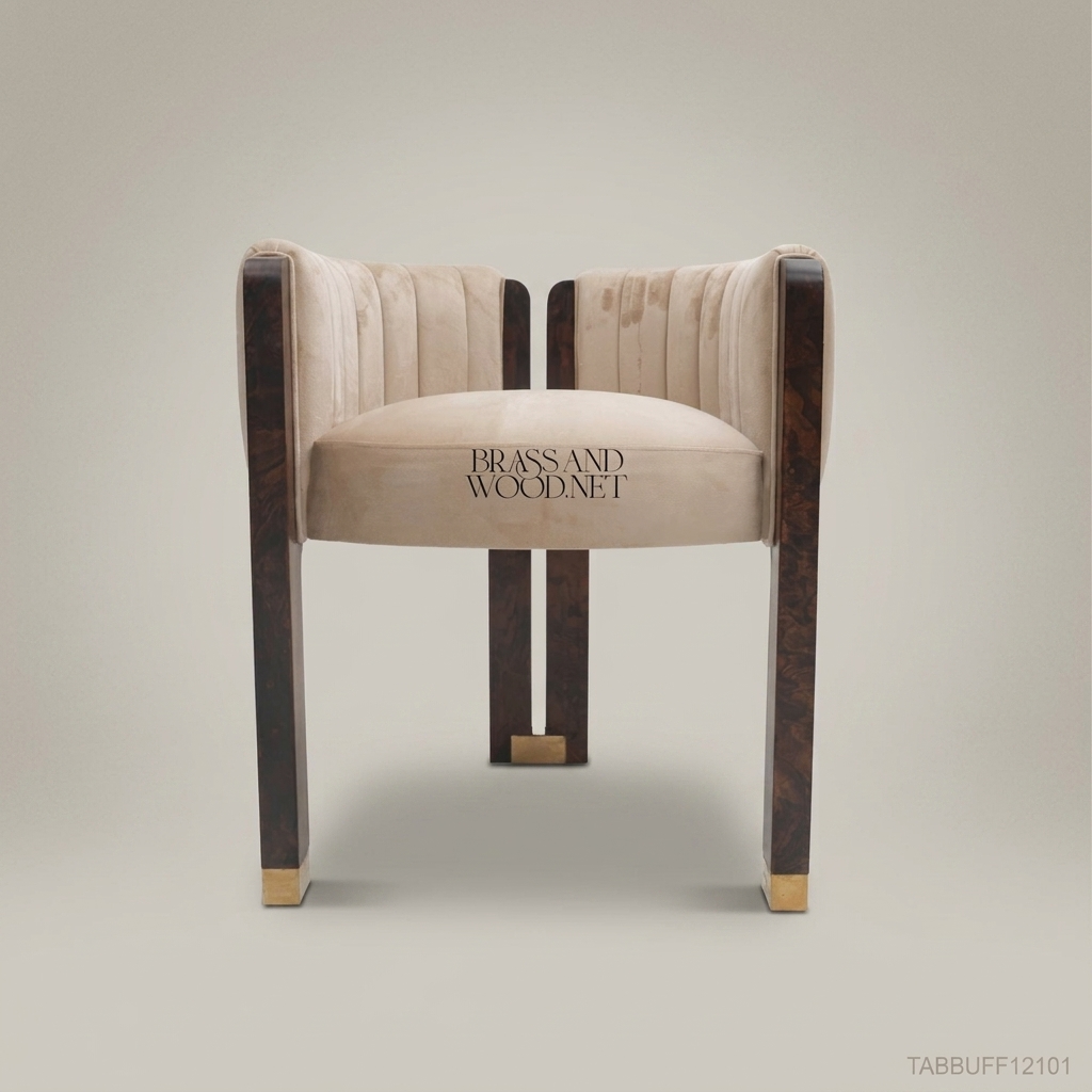 Art Deco Barrel Dining Chair in Dark Walnut Veneer & Champagne Channeled Velvet (Without Arms)
