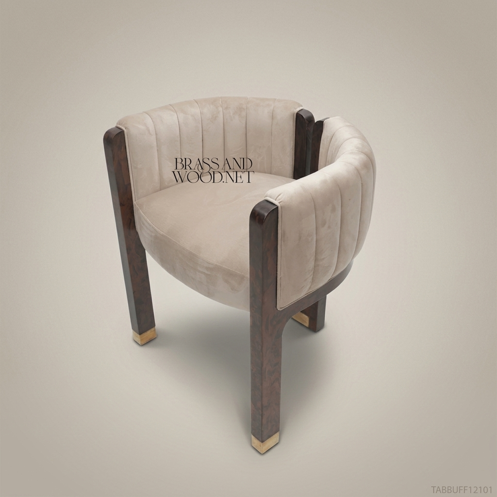 Art Deco Barrel Dining Chair in Dark Walnut Veneer & Champagne Channeled Velvet (Without Arms)