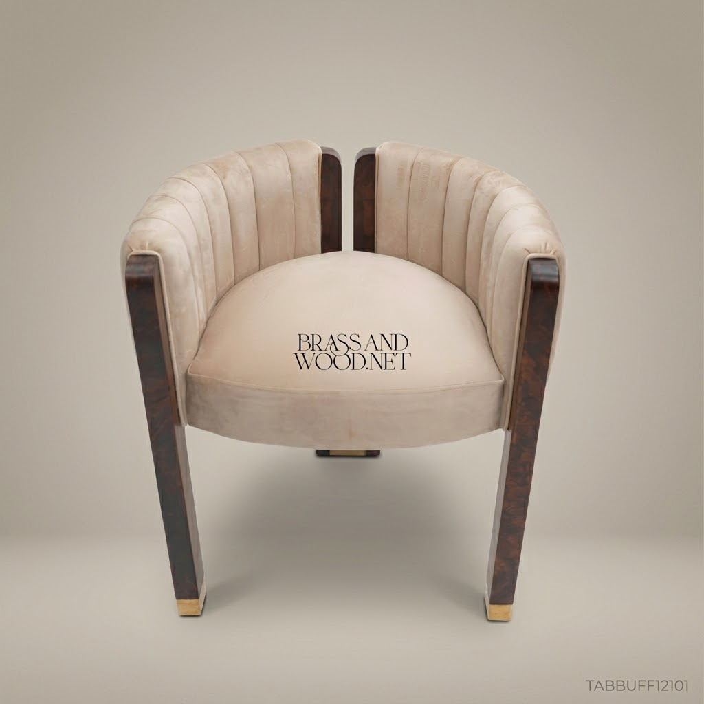 Art Deco Barrel Dining Chair in Dark Walnut Veneer & Champagne Channeled Velvet (Without Arms)