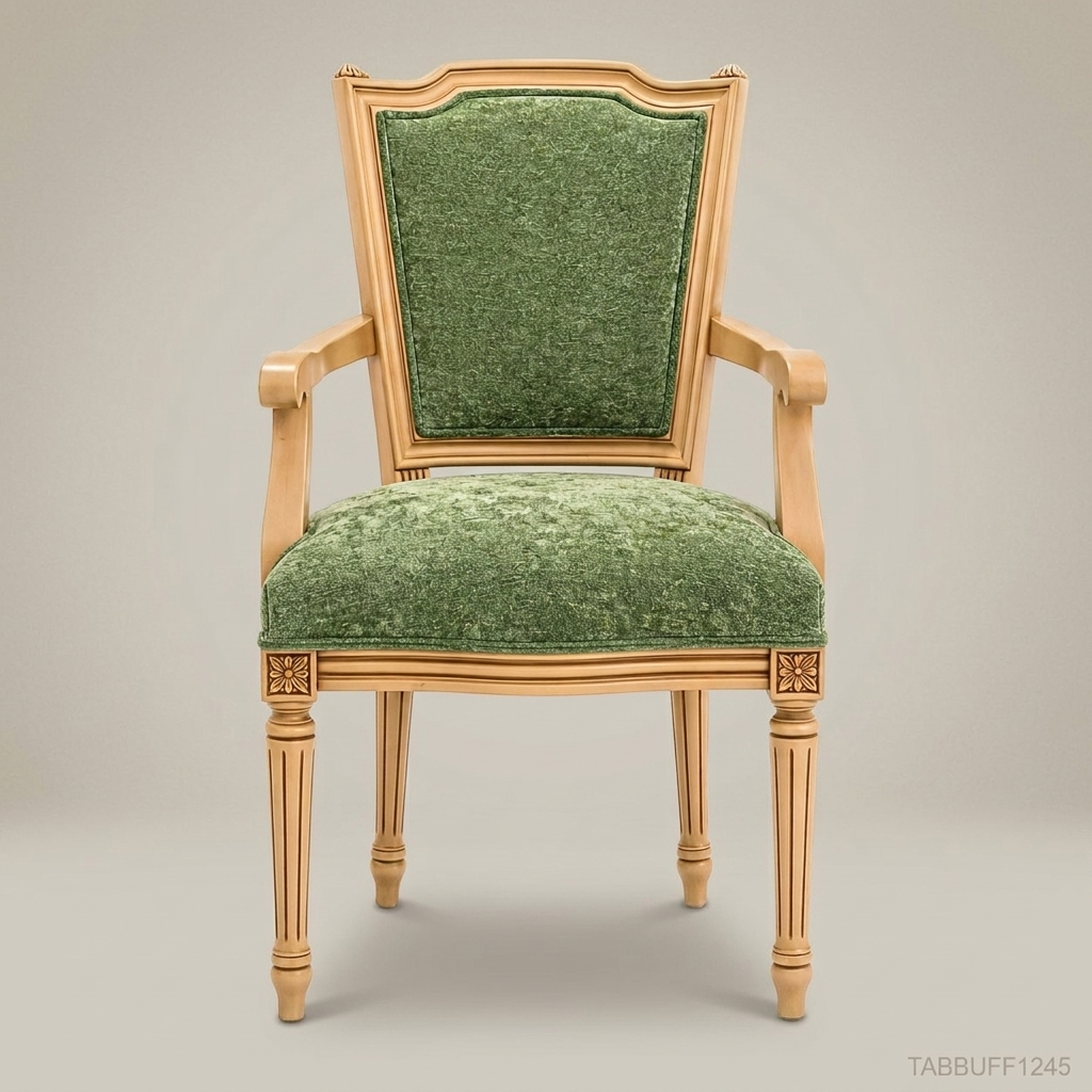 Brass & Wood Upholstered Dining Chair — With Arms