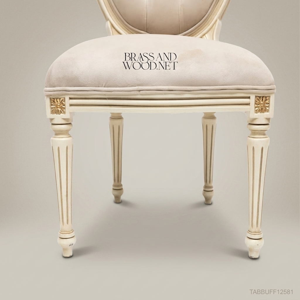 Brass & Wood Louis XVI Ivory Lacquered Solid Wood Button-Tufted Dining Chair (Without Arms)