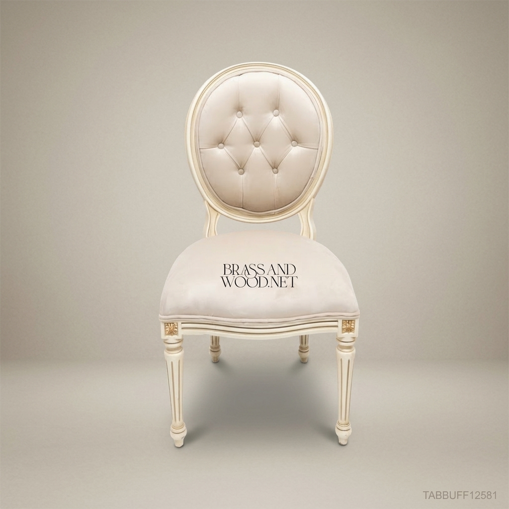 Brass & Wood Louis XVI Ivory Lacquered Solid Wood Button-Tufted Dining Chair (Without Arms)
