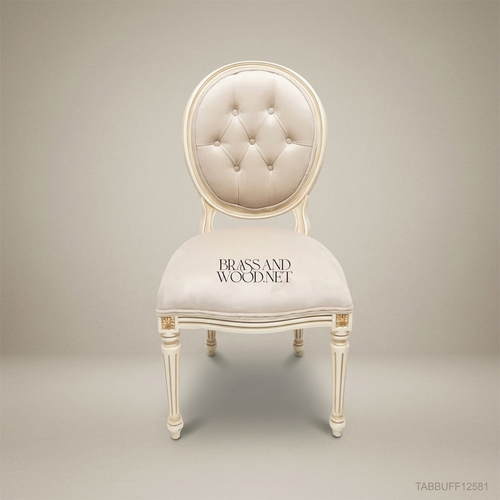 Brass & Wood Louis XVI Ivory Lacquered Solid Wood Button-Tufted Dining Chair (Without Arms)
