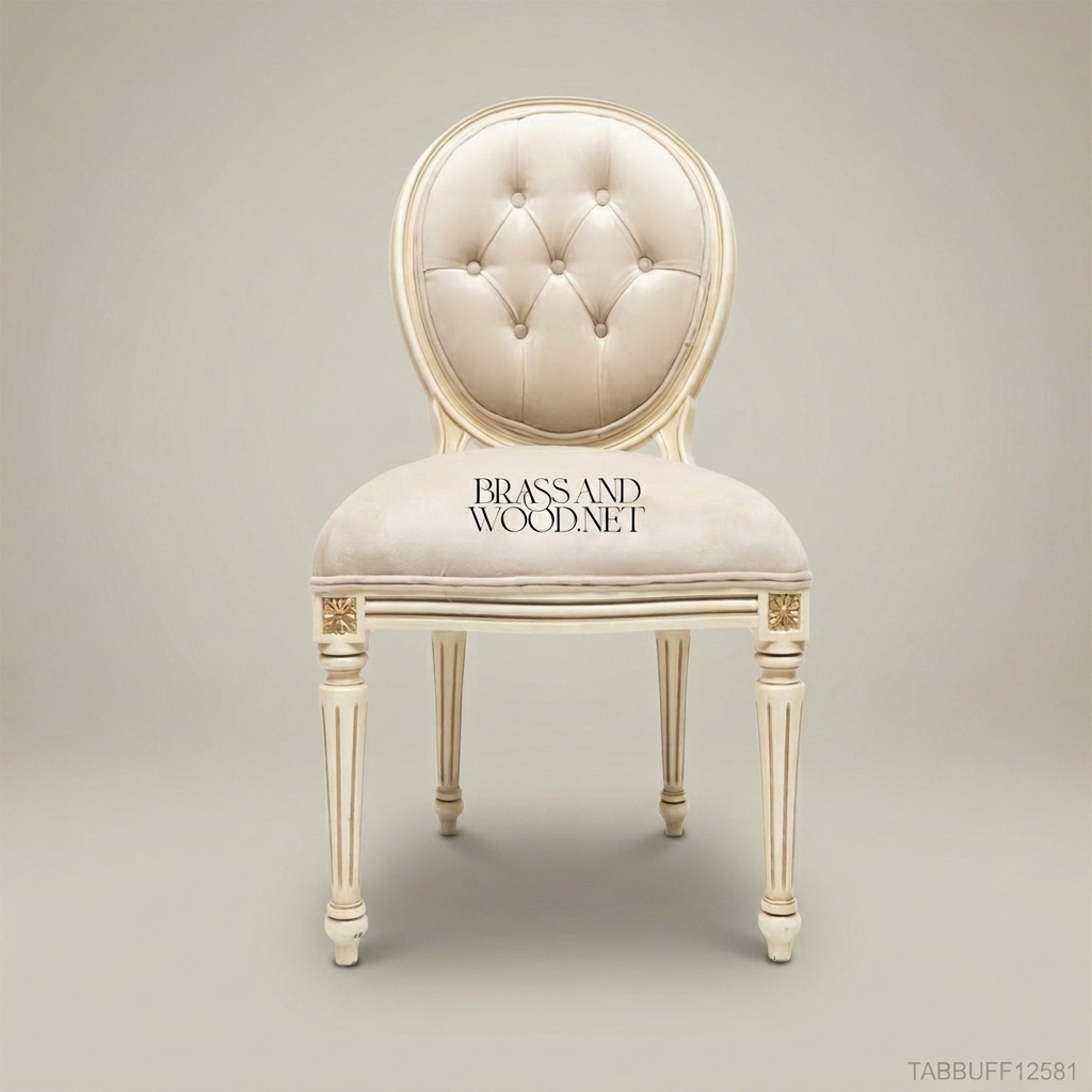 Brass & Wood Louis XVI Ivory Lacquered Solid Wood Button-Tufted Dining Chair (Without Arms)