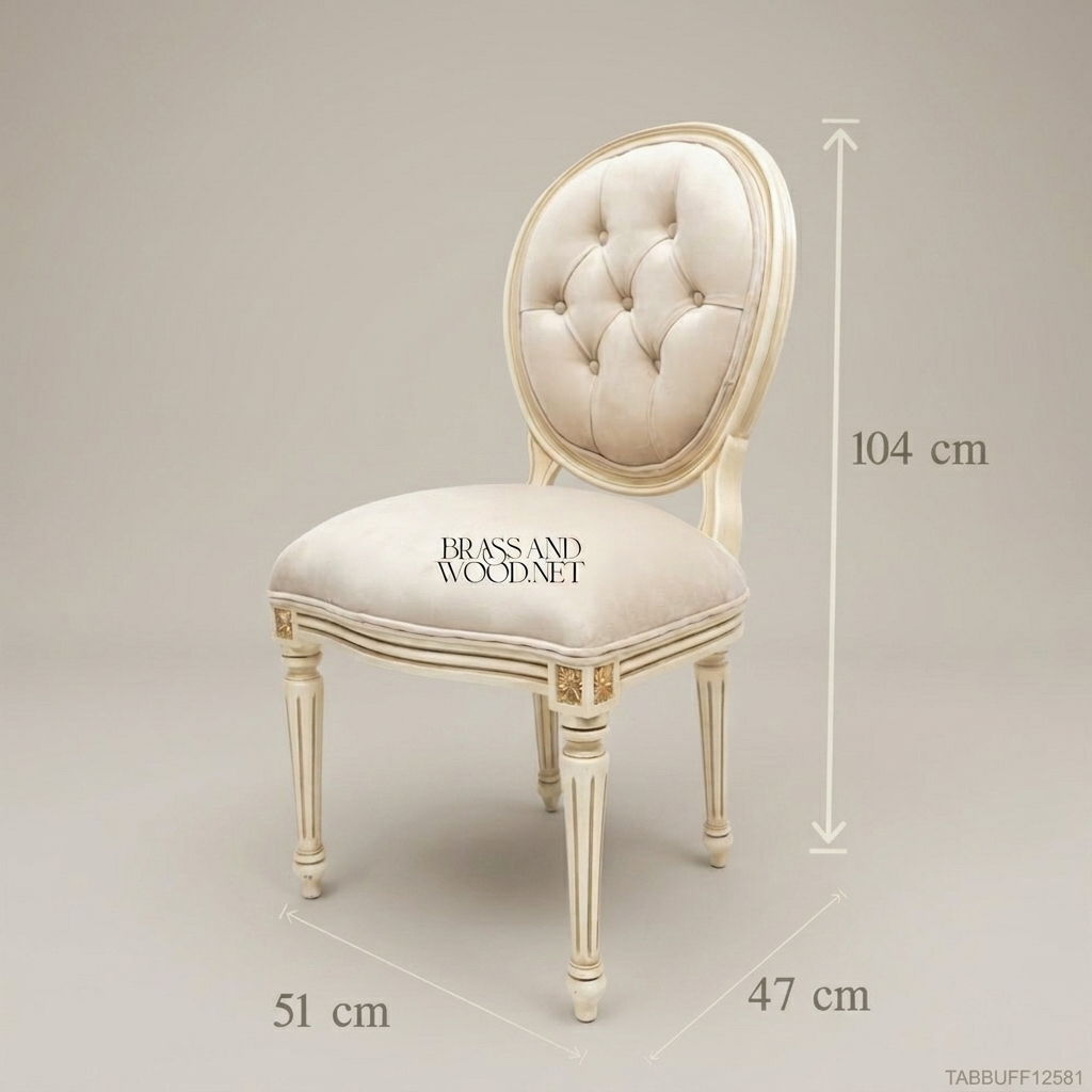 Brass & Wood Louis XVI Ivory Lacquered Solid Wood Button-Tufted Dining Chair (Without Arms)