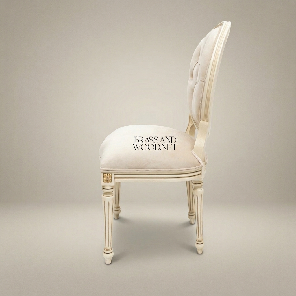 Brass & Wood Louis XVI Ivory Lacquered Solid Wood Button-Tufted Dining Chair (Without Arms)