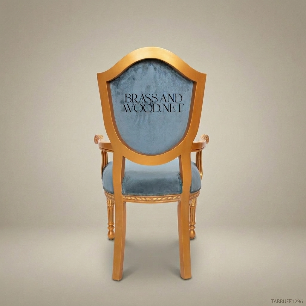 Brass & Wood Upholstered Dining Chair — With Arms