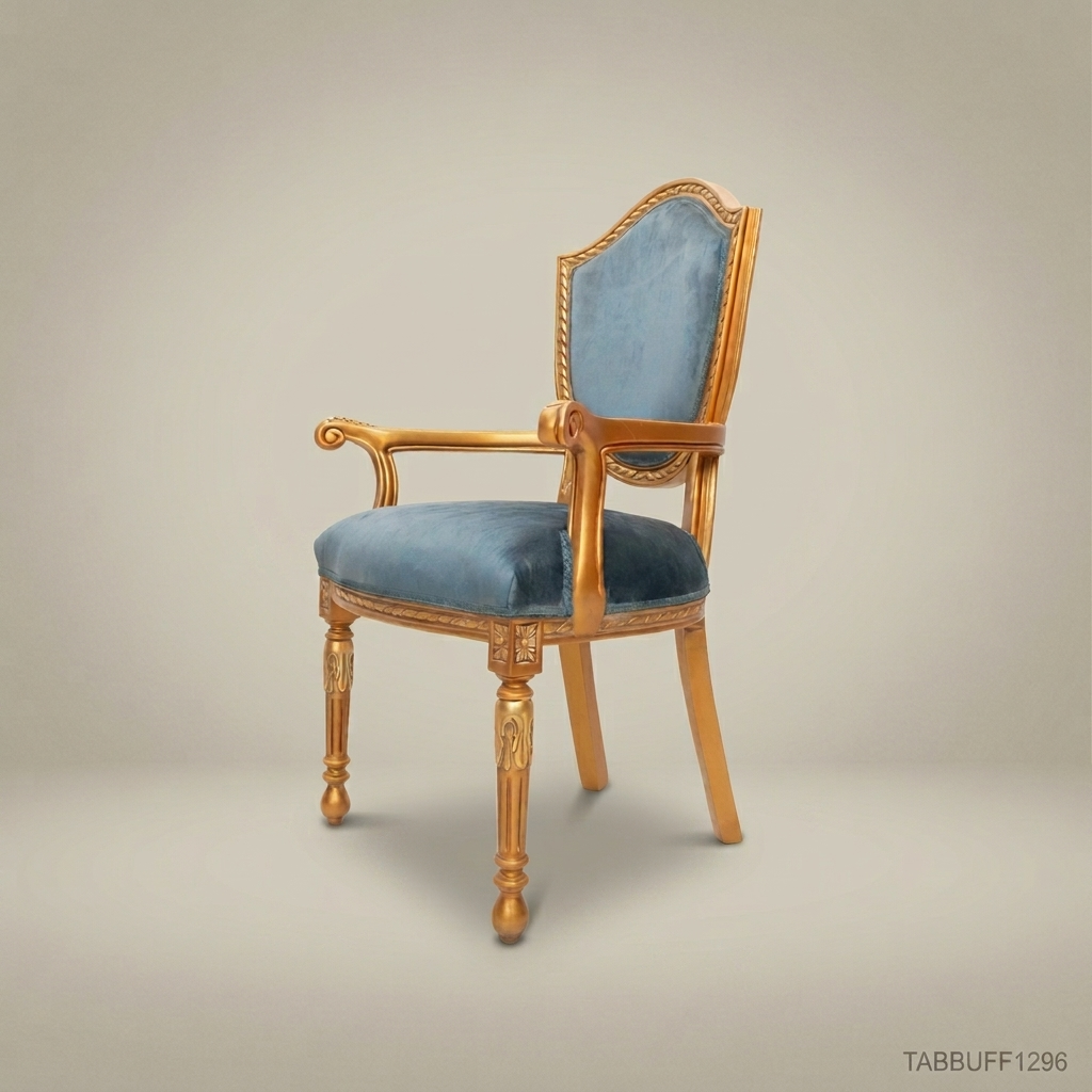 Brass & Wood Upholstered Dining Chair — With Arms