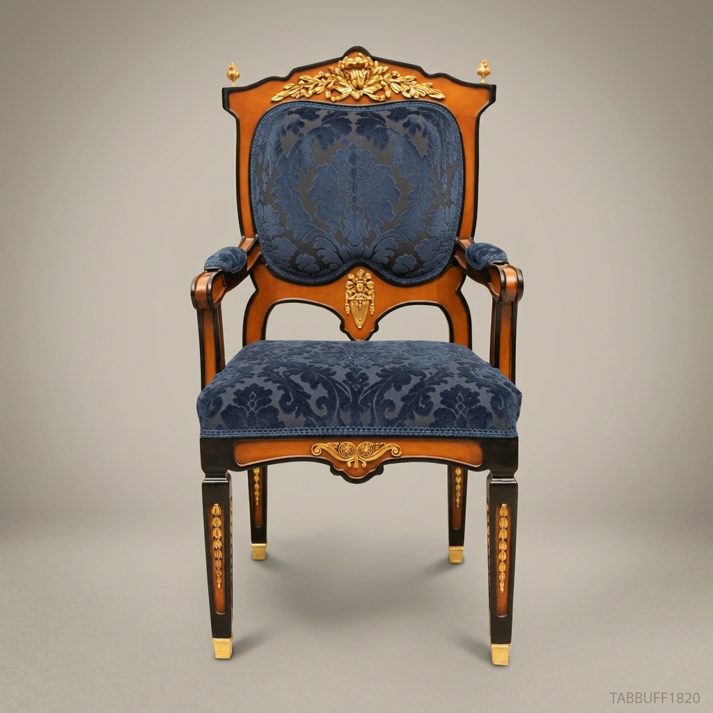 Brass & Wood Empire Damask Dining Chair — With Arms
