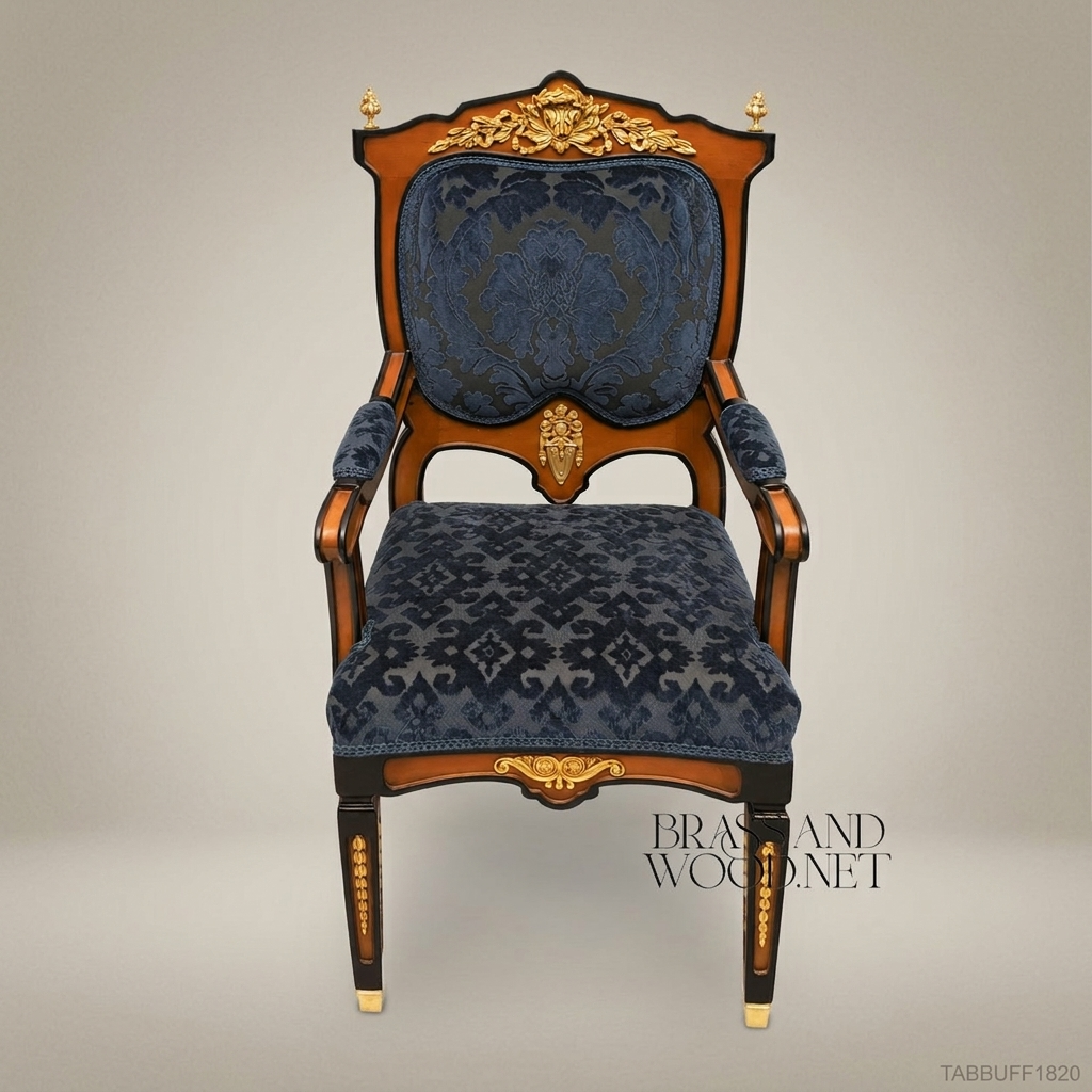 Brass & Wood Empire Damask Dining Chair — With Arms