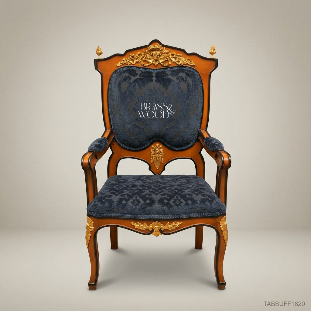 Brass & Wood Empire Damask Dining Chair — With Arms