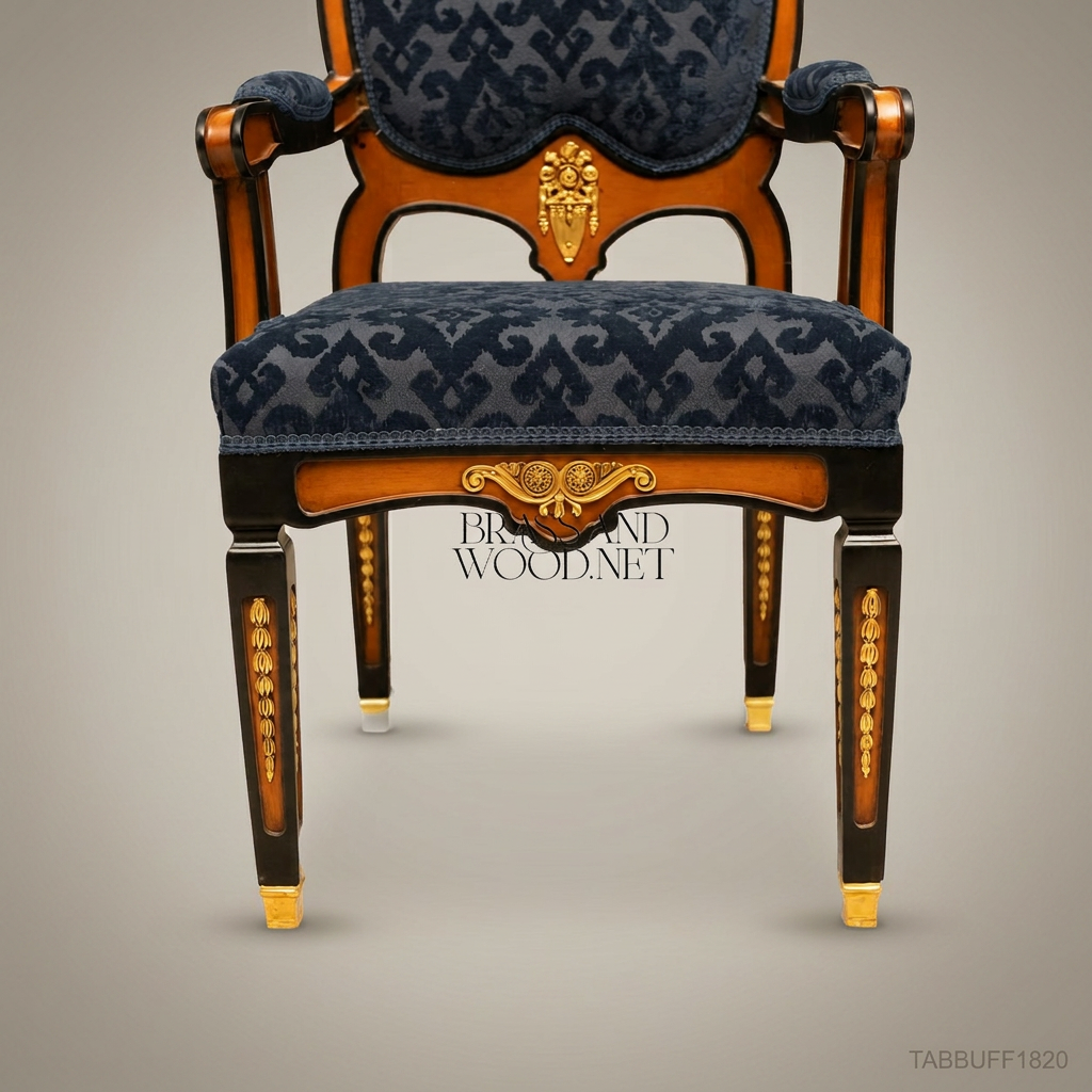 Brass & Wood Empire Damask Dining Chair — With Arms