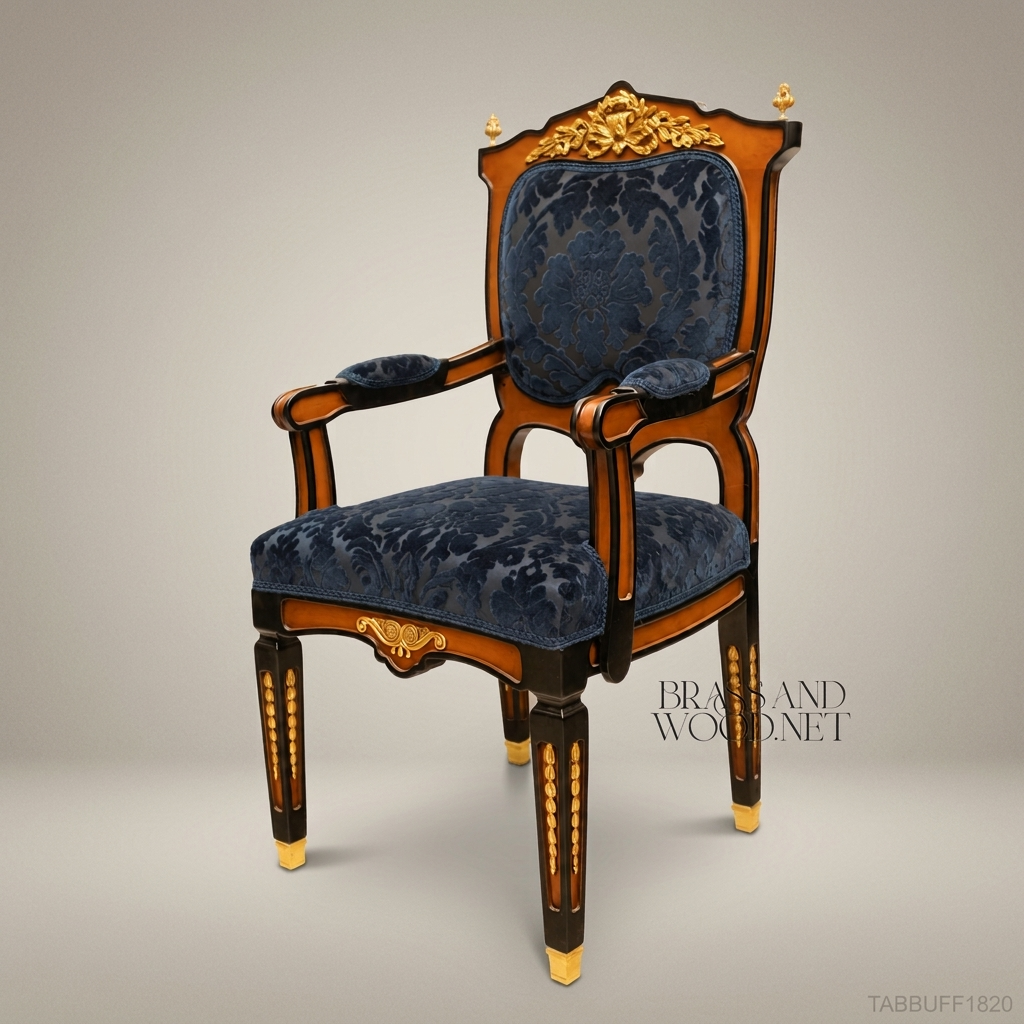 Brass & Wood Empire Damask Dining Chair — With Arms