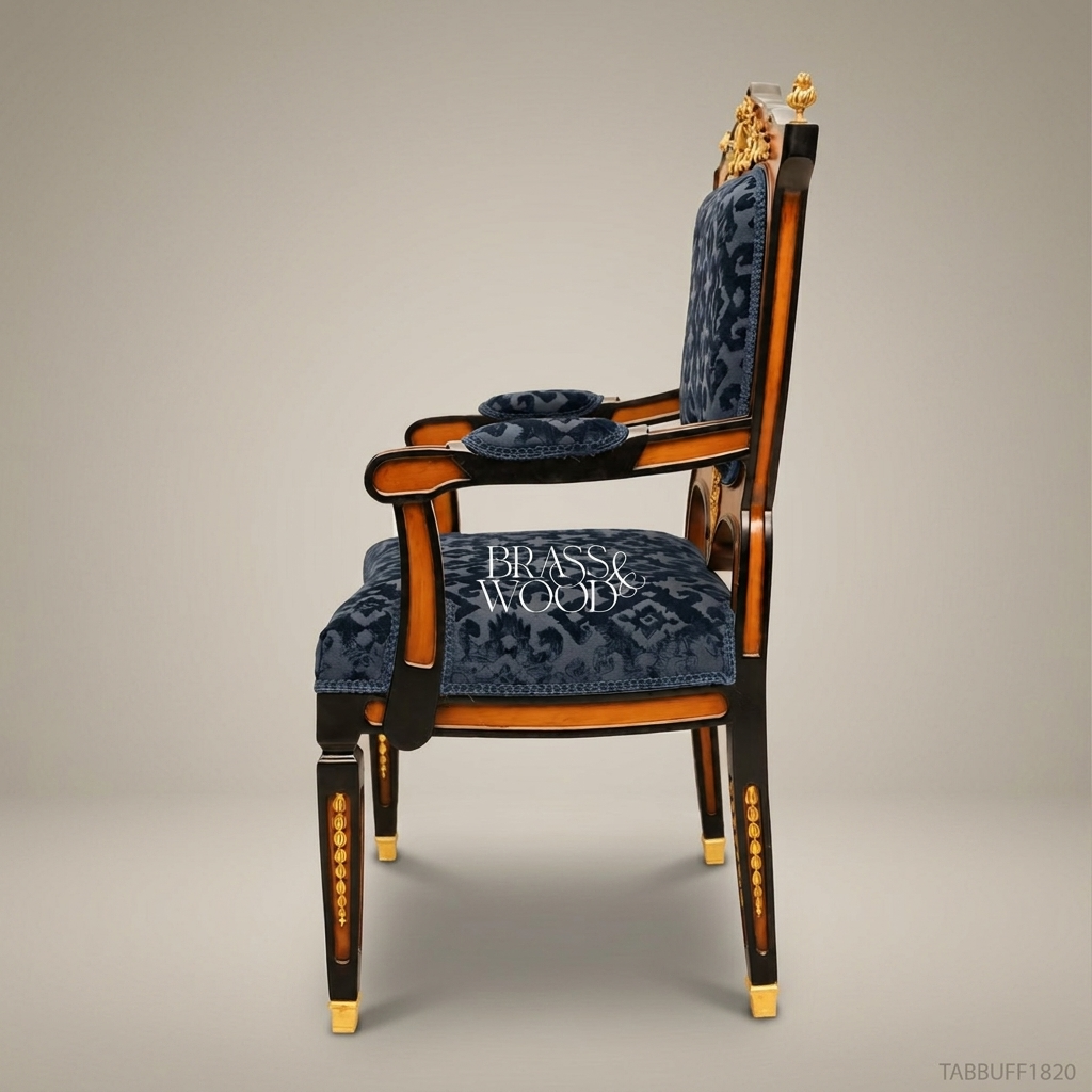 Brass & Wood Empire Damask Dining Chair — With Arms