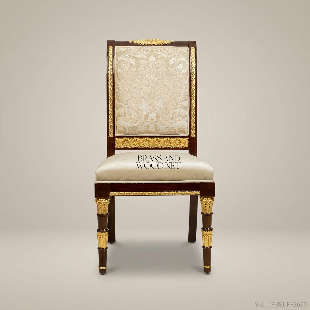 Brass & Wood Empire Dining Chair – Dark Wood, Gilt Mounts & Ivory Damask Upholstery (Without Arms)
