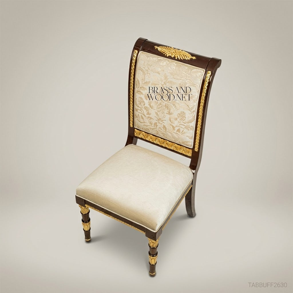 Brass & Wood Empire Dining Chair – Dark Wood, Gilt Mounts & Ivory Damask Upholstery (Without Arms)