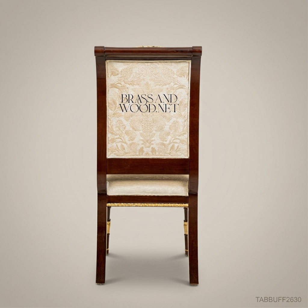 Brass & Wood Empire Dining Chair – Dark Wood, Gilt Mounts & Ivory Damask Upholstery (Without Arms)