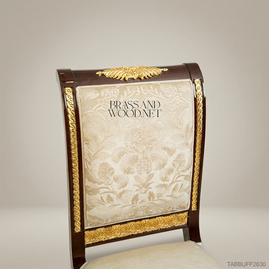 Brass & Wood Empire Dining Chair – Dark Wood, Gilt Mounts & Ivory Damask Upholstery (Without Arms)
