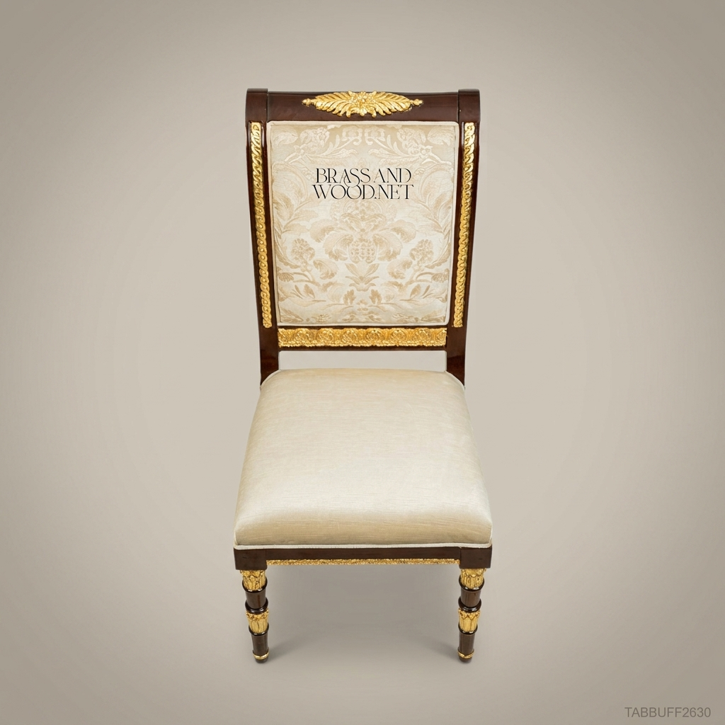 Brass & Wood Empire Dining Chair – Dark Wood, Gilt Mounts & Ivory Damask Upholstery (Without Arms)