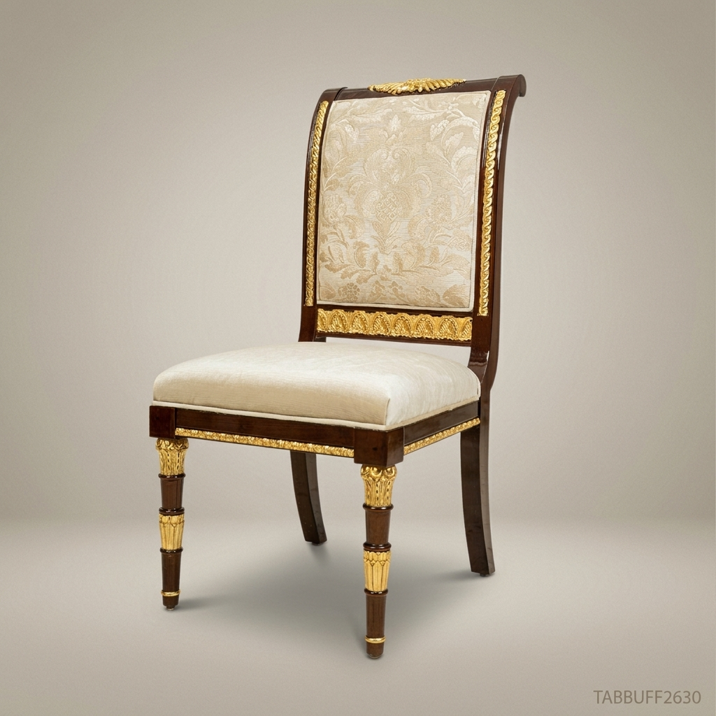Brass & Wood Empire Dining Chair – Dark Wood, Gilt Mounts & Ivory Damask Upholstery (Without Arms)