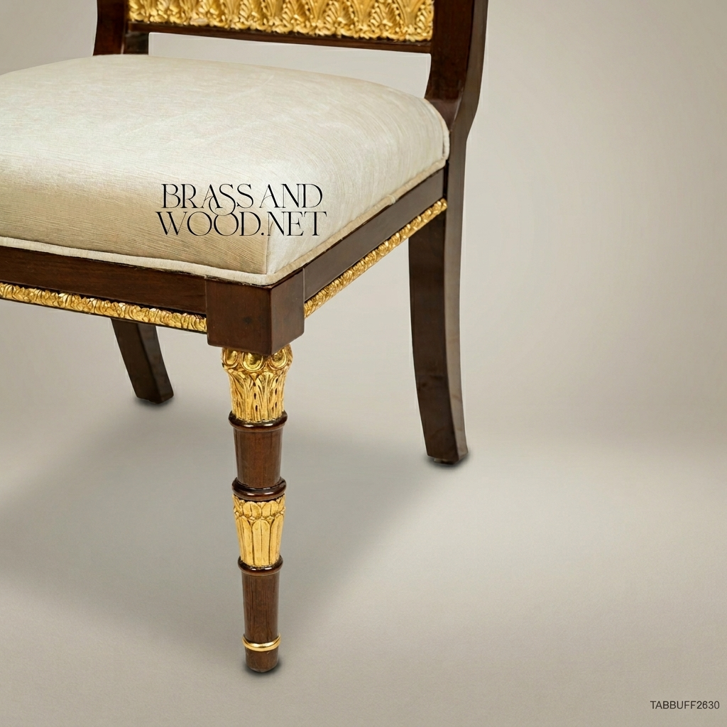 Brass & Wood Empire Dining Chair – Dark Wood, Gilt Mounts & Ivory Damask Upholstery (Without Arms)