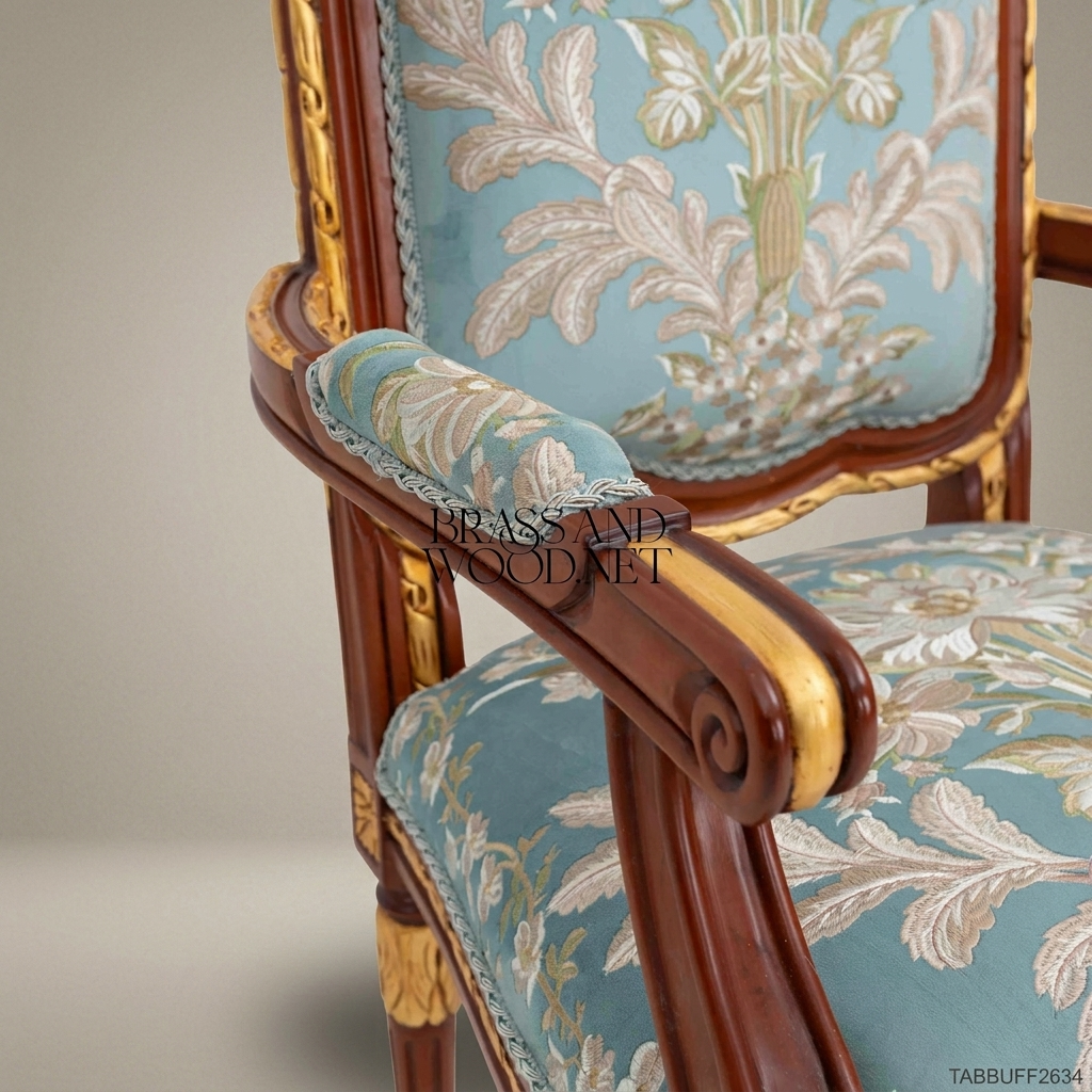 Brass & Wood Louis XVI Floral Tapestry Dining Chair — With Arms