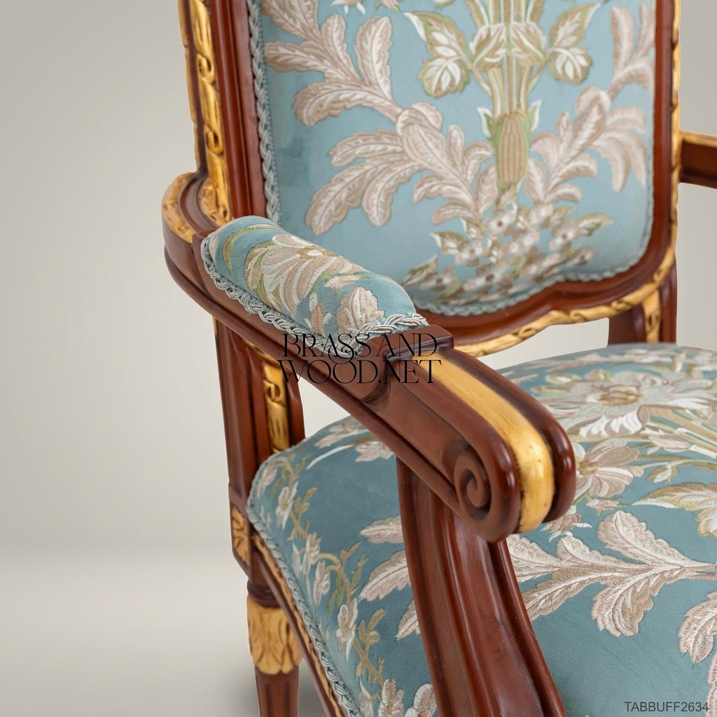 Brass & Wood Louis XVI Floral Tapestry Dining Chair — With Arms