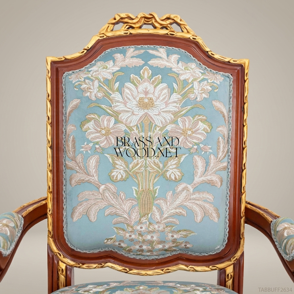 Brass & Wood Louis XVI Floral Tapestry Dining Chair — With Arms