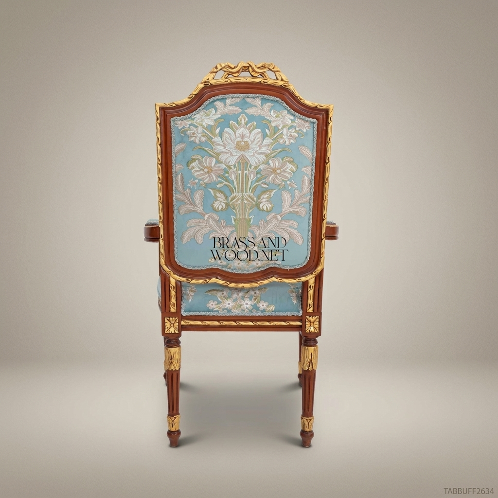 Brass & Wood Louis XVI Floral Tapestry Dining Chair — With Arms