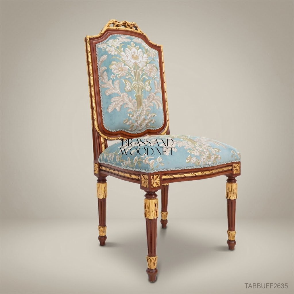 Brass & Wood Louis XVI Floral Tapestry Dining Chair — Without Arms