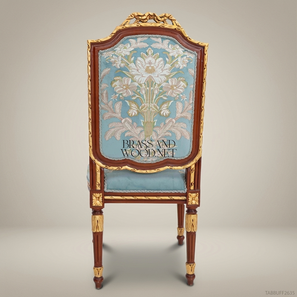 Brass & Wood Louis XVI Floral Tapestry Dining Chair — Without Arms