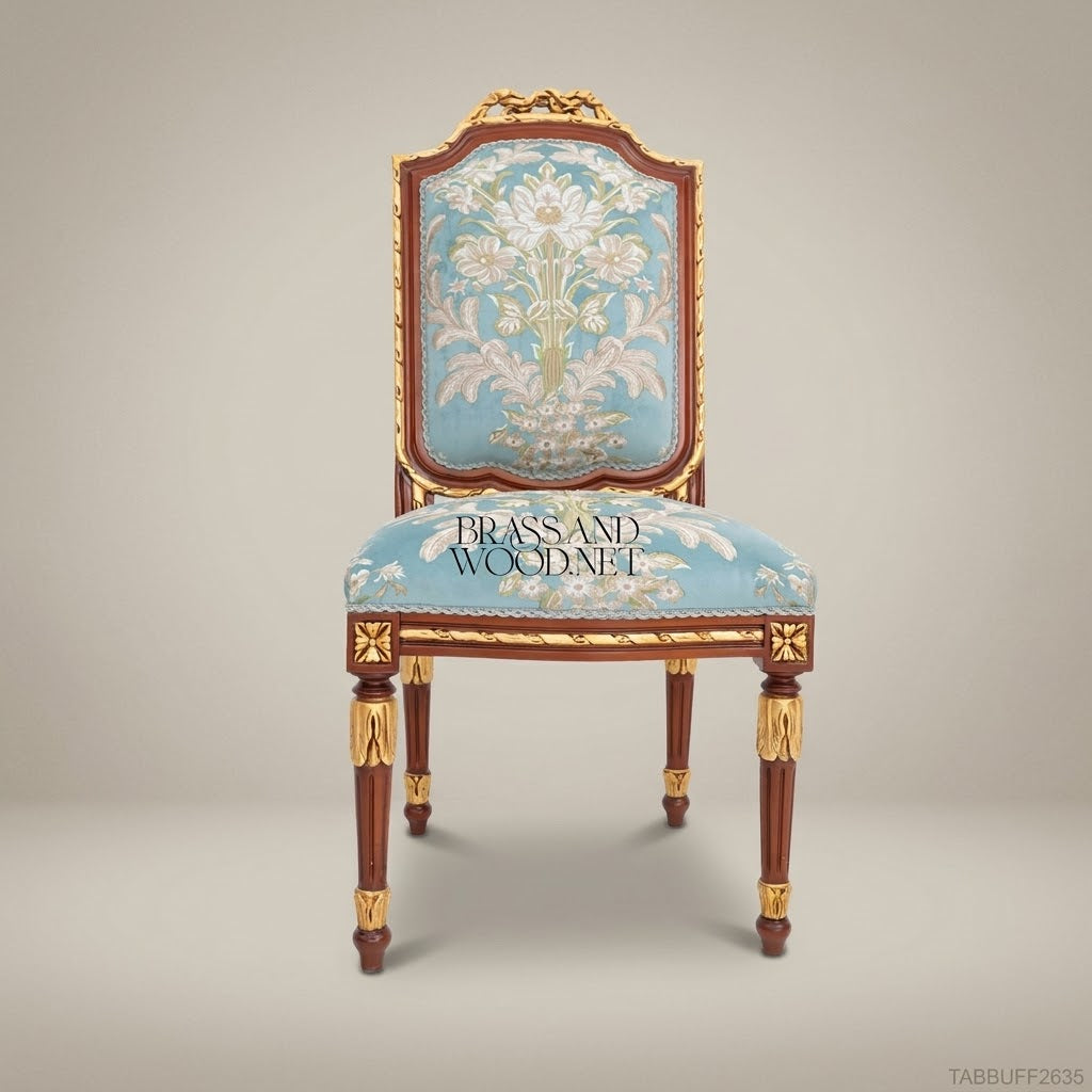 Brass & Wood Louis XVI Floral Tapestry Dining Chair — Without Arms