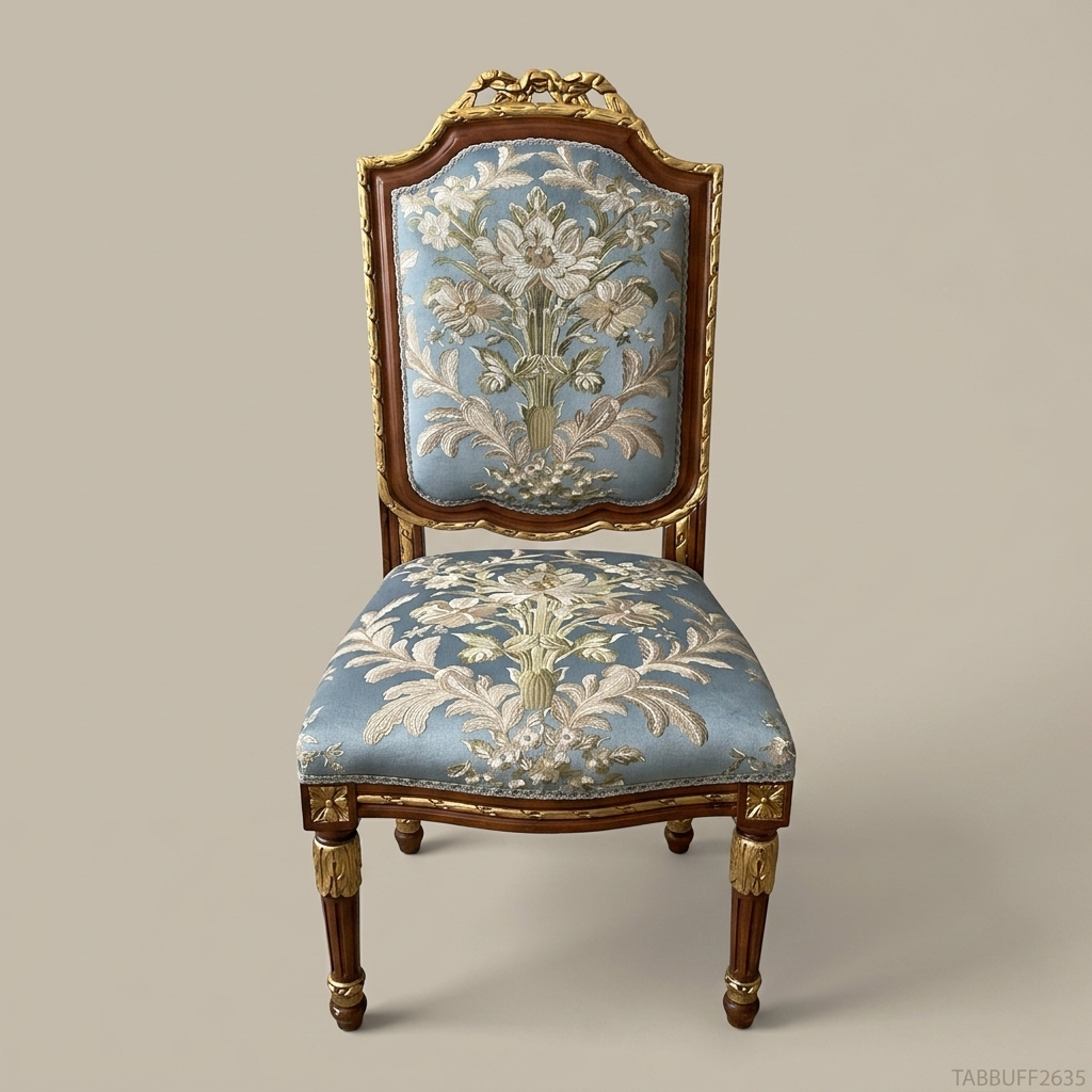 Brass & Wood Louis XVI Floral Tapestry Dining Chair — Without Arms