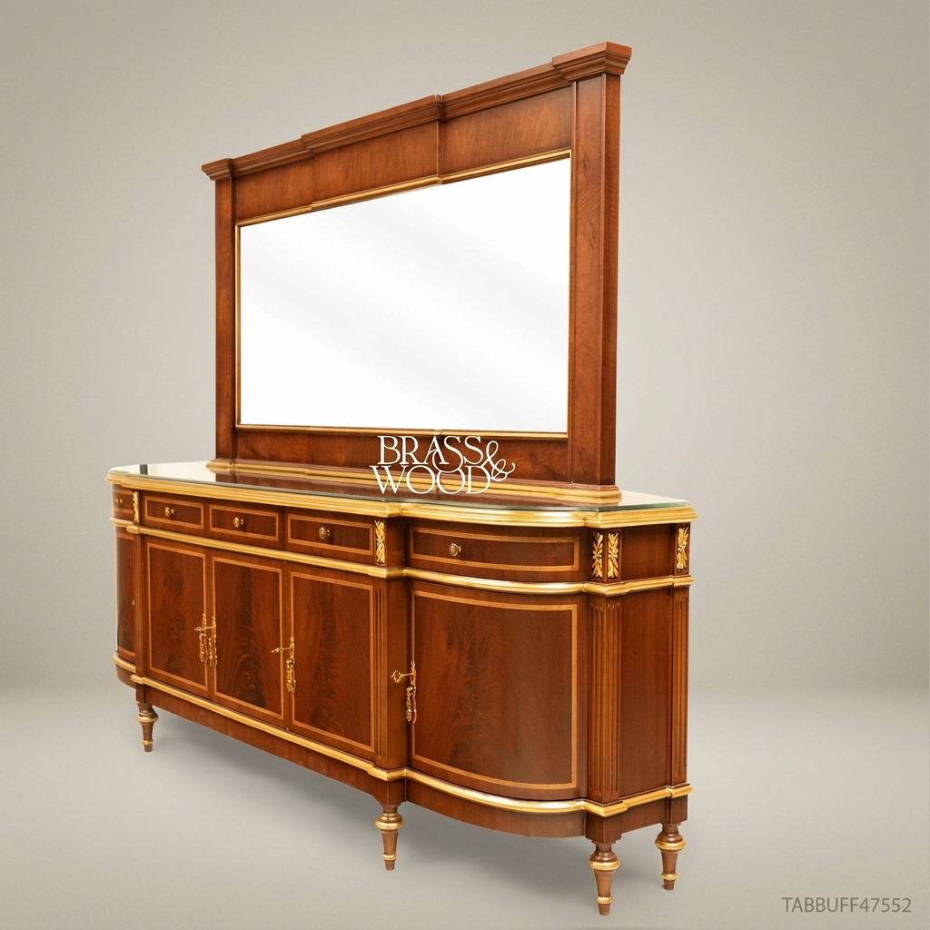 Brass & Wood Neoclassical Buffet with Mirror