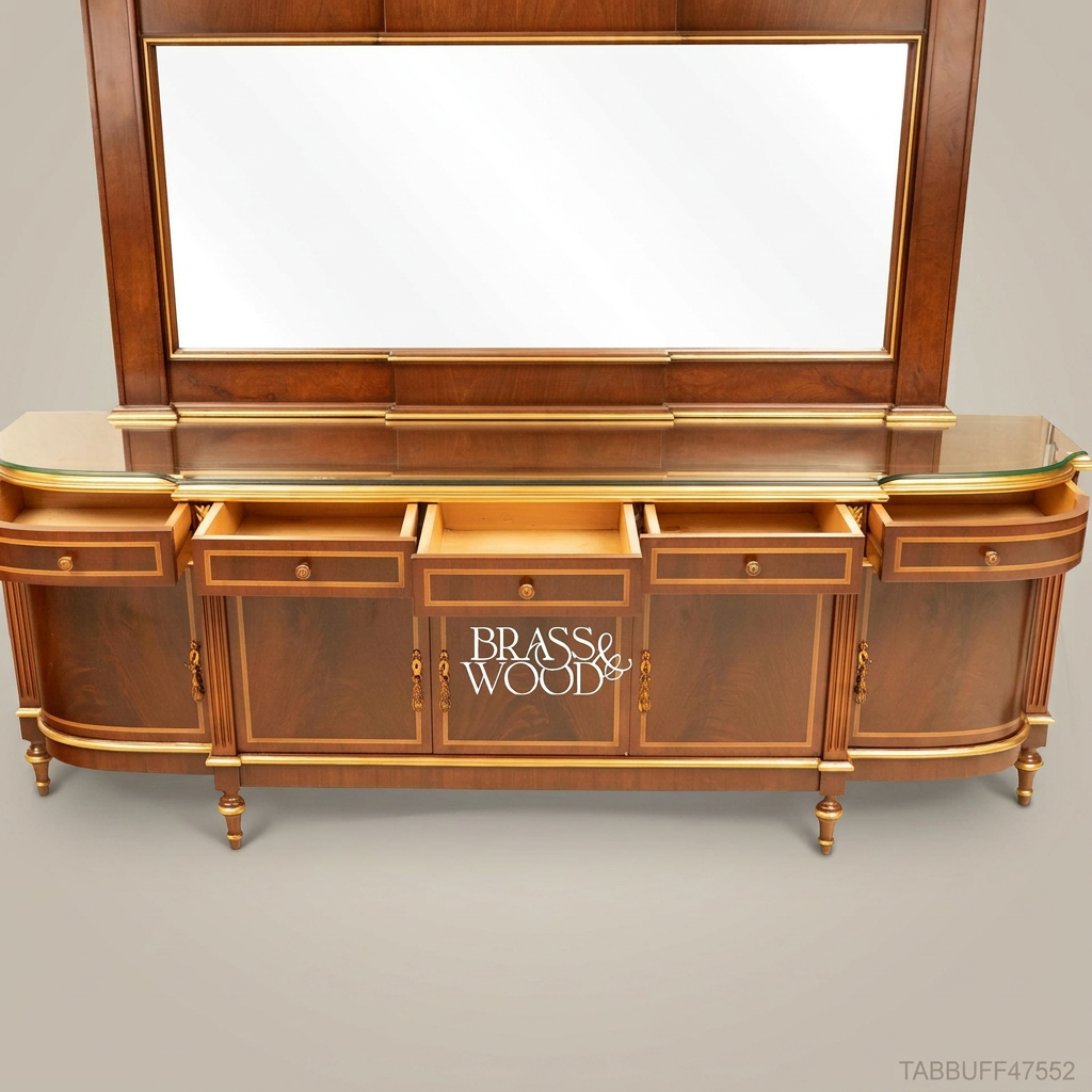 Brass & Wood Neoclassical Buffet with Mirror