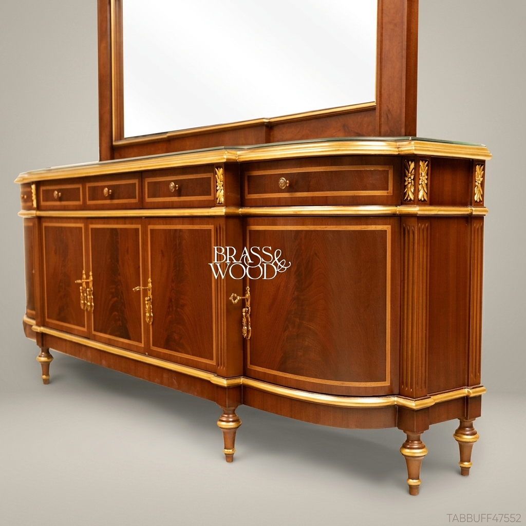 Brass & Wood Neoclassical Buffet with Mirror — 200cm