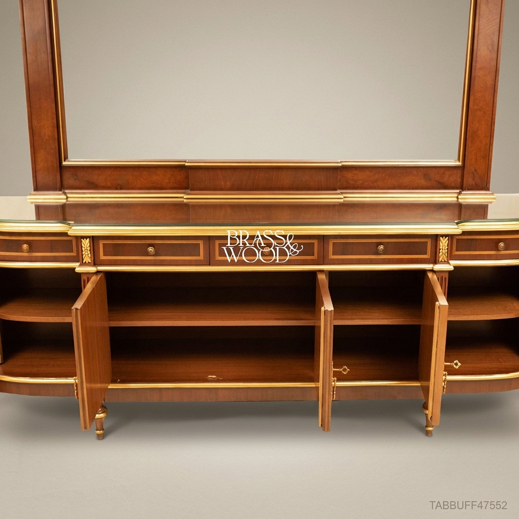 Brass & Wood Neoclassical Buffet with Mirror — 250cm