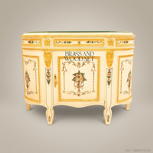 Brass & Wood Louis XVI Hand-Painted Ivory Buffet