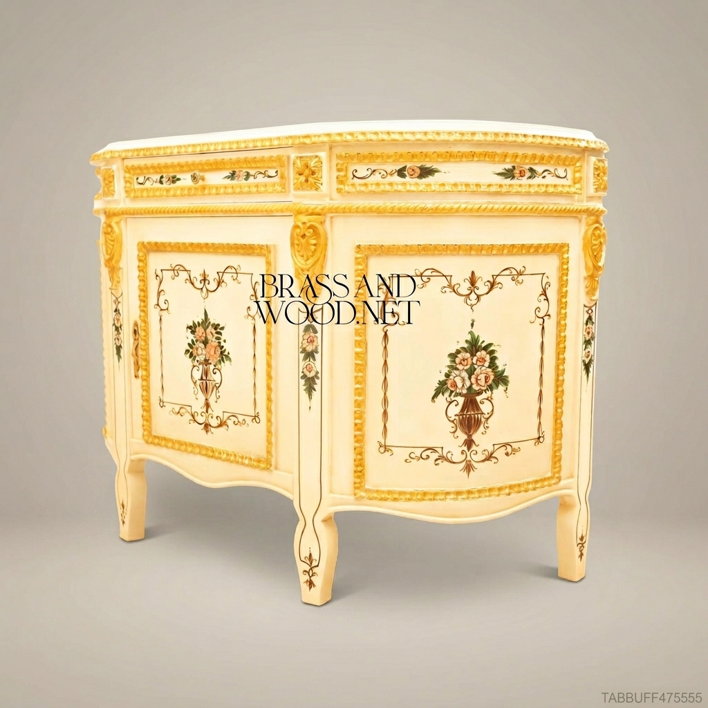 Brass & Wood Louis XVI Hand-Painted Ivory Buffet